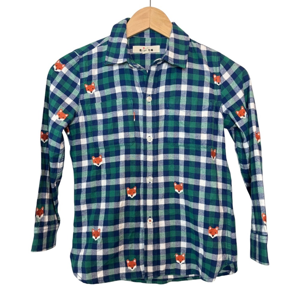 Mini Boden Kids Cotton Green Blue Plaid Fox Embroidered Button Down Shirt 7-8Y
